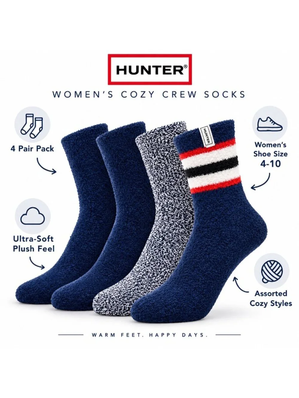 Hunter Women's Cozy Socks 4 Pair Pack Navy Size 4-10 NWT